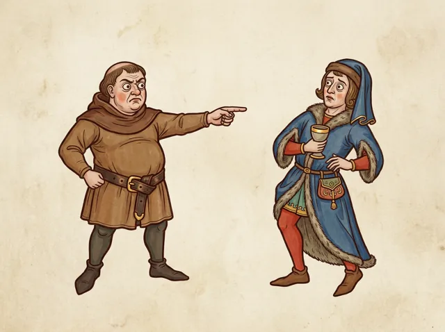 A broad-shouldered man with a heavy leather belt pointing an angry finger at a well-dressed burgher.