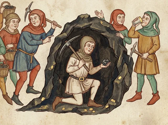 A miner in a dark tunnel clutching a small lump of stone in one hand and a heavy iron pick in the other.