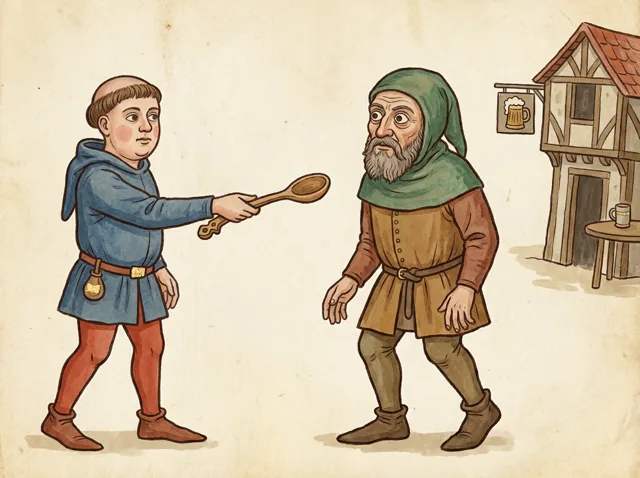 A young man handing a carved wooden spoon to an older miner who is looking away toward a tavern.