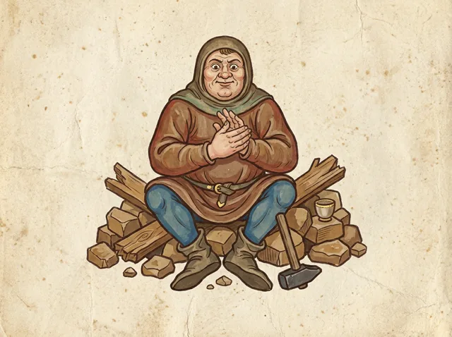 A broad-shouldered man in rough tunic sitting on a pile of rubble, rubbing his large hands, with a hammer resting at his feet.