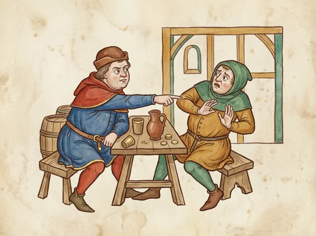 Two men in an alehouse, one pointing a thick finger aggressively into the chest of the other who is shrinking back.