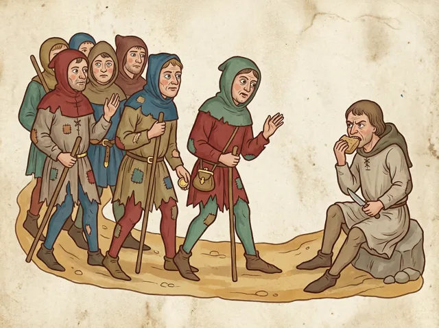 A group of ragged men walking down a dusty road, watched by a frowning labourer eating a heel of bread.
