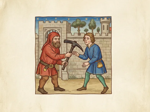 A sturdy labourer handing a heavy iron pick to a younger, anxious-looking man outside the stone walls of a courtyard.