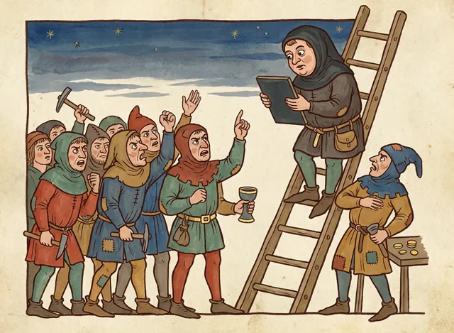 A foreman standing on wooden steps, reading from a slate to a crowd of angry labourers in the pre-dawn dark.